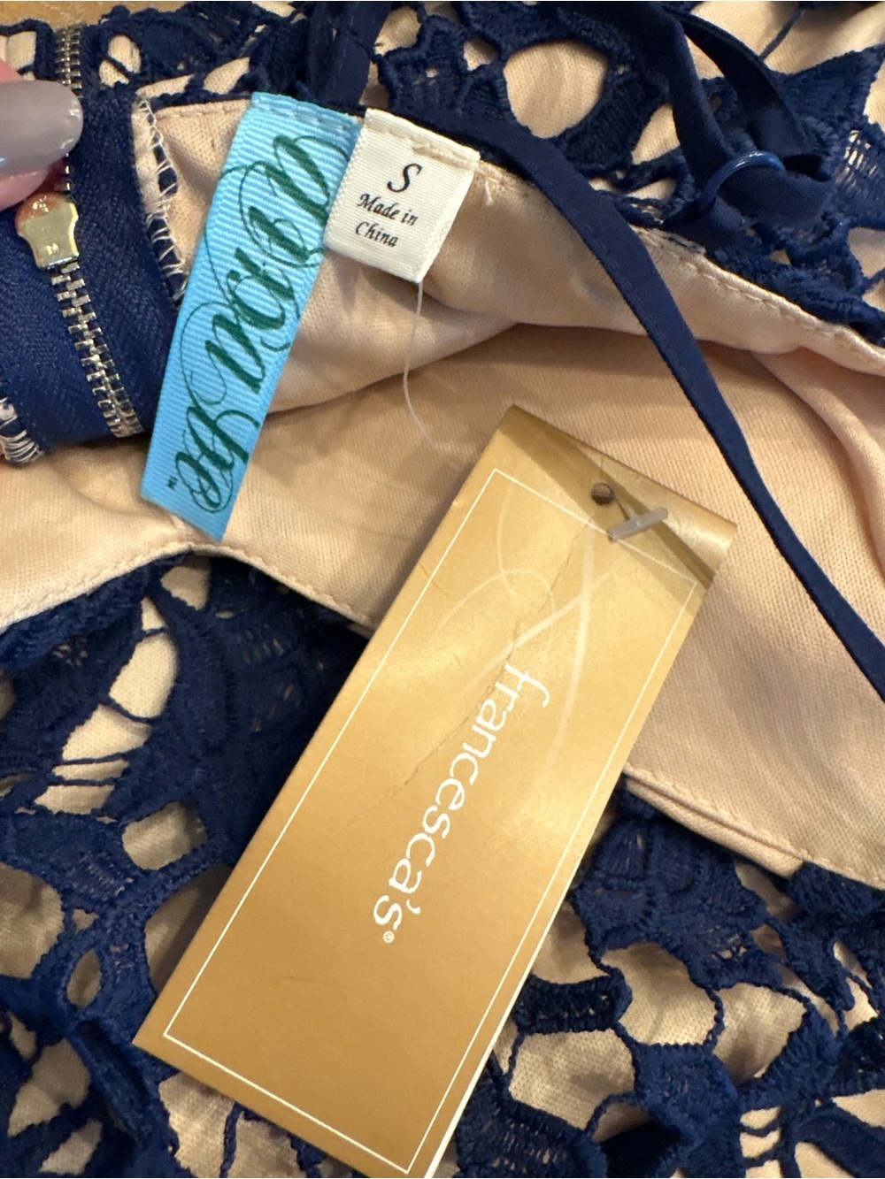 Francesca’s Navy Blue Lace Crochet Fit & Flare Dress Nude Lining Small Cocktail - Picture 7 of 10